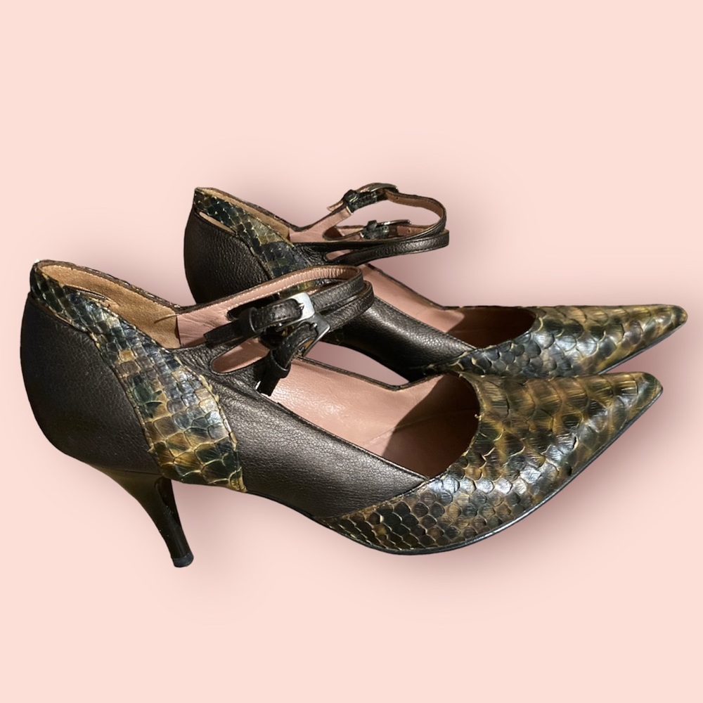 Italian Snakeskin & Leather Stiletto High Heel Pump Double Ankle Strap Size 38